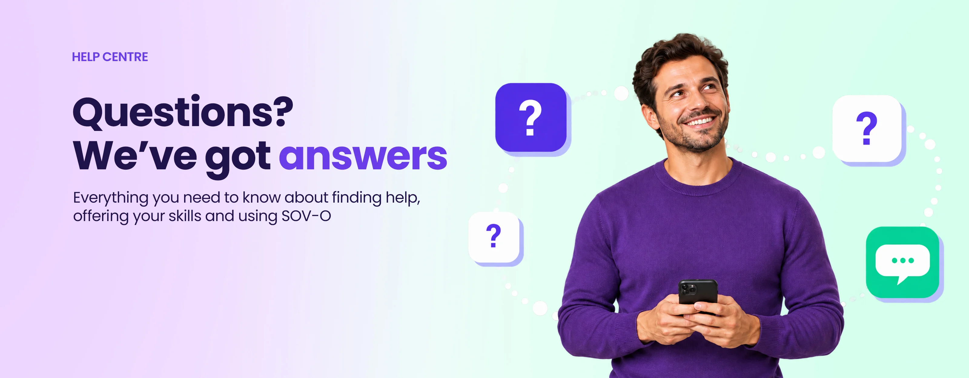 Questions? We have got answers. Everything you need to know about finding help, offering your skills and using SOV-O.