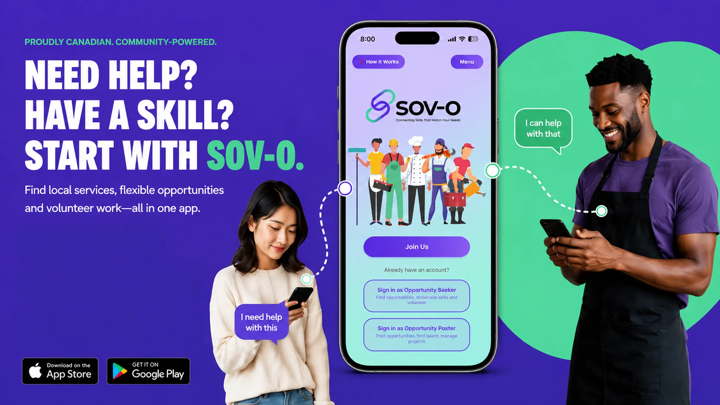 A neighbour posting a request and a local provider offering to help, connected through the SOV-O app.