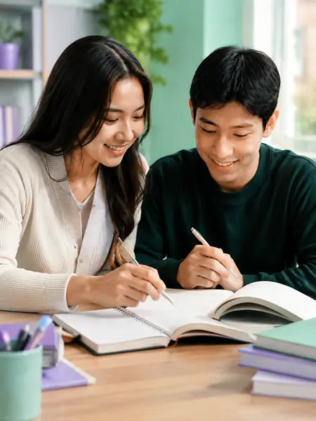 A tutor working through a textbook with a student