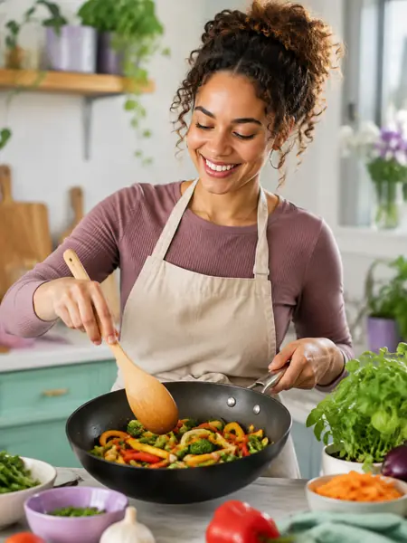 A home cook stirring a pan of vegetables