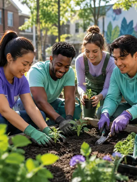 Four volunteers planting seedlings in a community garden