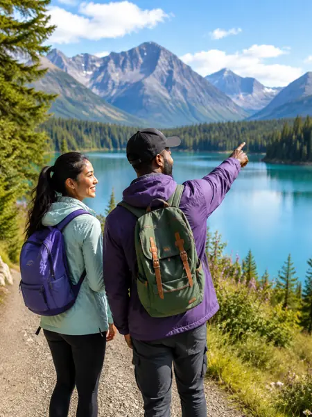 Two hikers looking out over a mountain lake