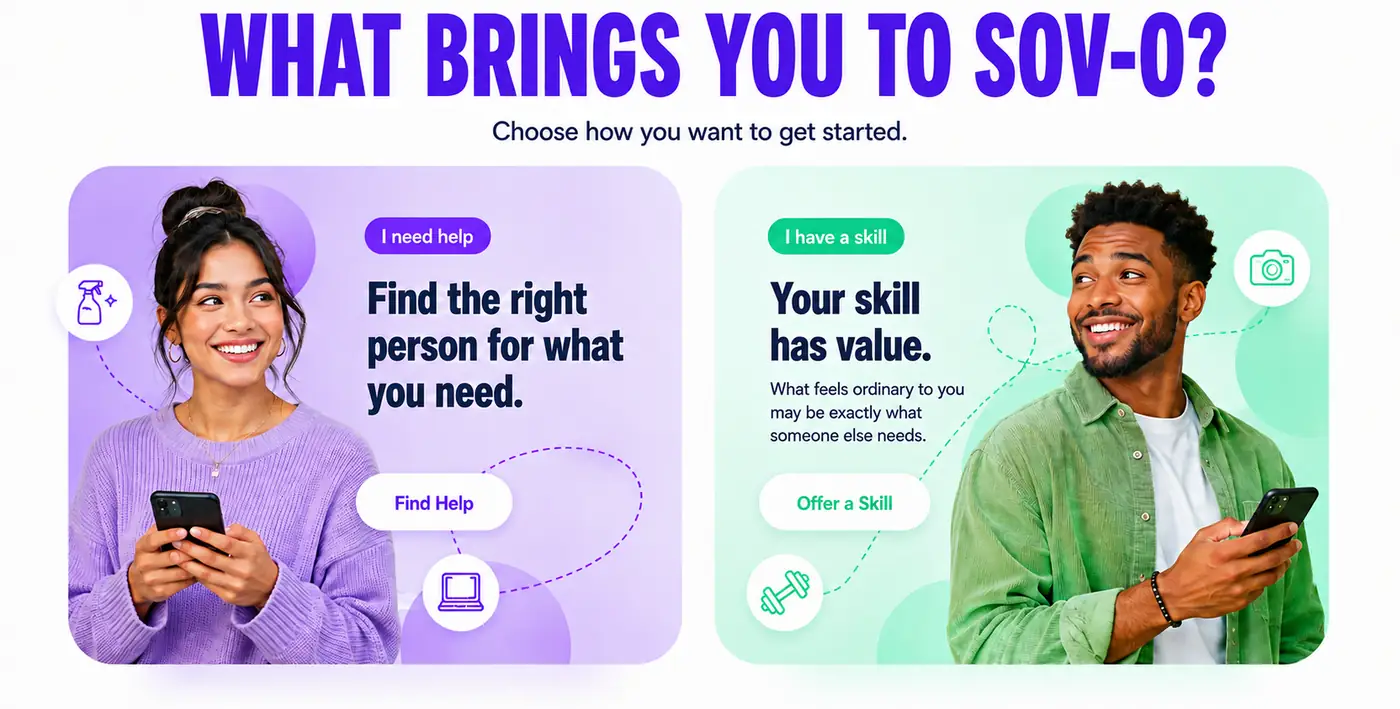 Two cards side by side: a person looking for help, and a person offering a skill.