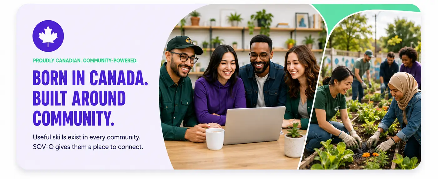 A group gathered around a laptop, and volunteers planting in a community garden.
