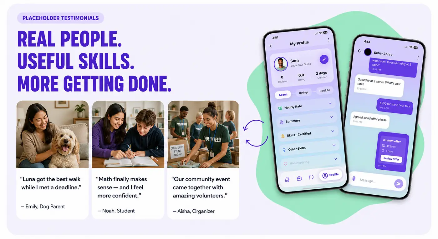Three placeholder testimonials alongside SOV-O profile and chat screens.