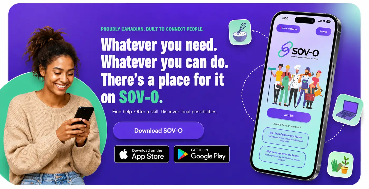 A person using SOV-O beside the app's sign-in screen, with App Store and Google Play badges.